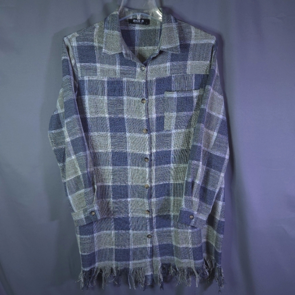 Blue B Collection Plaid Button Down Duster Dress Size Large Fringe‎ Western Boho